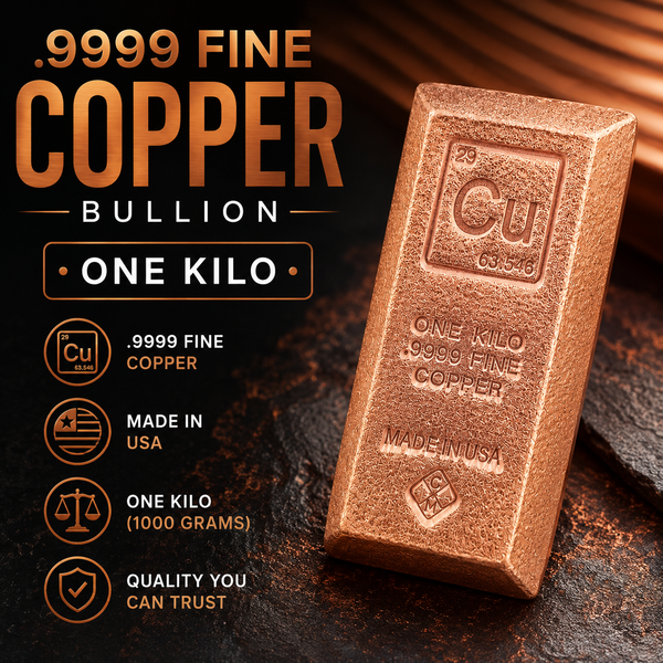 A one kilo copper bullion bar shown on a dark textured surface with promotional text reading '.9999 FINE COPPER', 'BULLION', 'ONE KILO', and feature icons for '.
