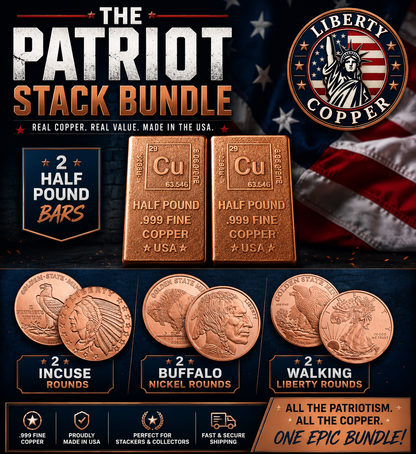patriot stack bundle, copper bundle, copper bullion bundle, .999 fine copper, half pound copper bar, buffalo copper round, walking liberty copper round, incuse indian copper round, copper stacking, copper collector, buy copper bullion, copper bars and rounds, made in USA copper, liberty copper, copper investment, copper gift set, copper collection, copper stacker bundle