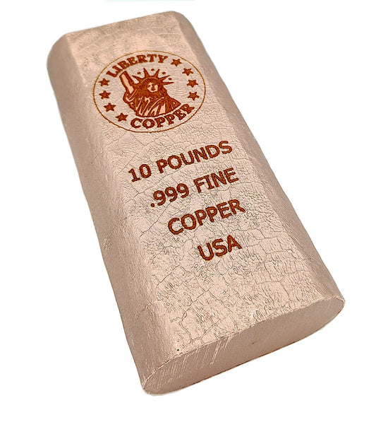 10 POUND .999 FINE COPPER BAR - LIBERTY COPPER DESIGN - SATIN FINISH 