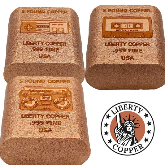 RETRO COPPER SERIES BUNDLE 5 POUND BARS - CASSETTE, CONTROLLER AND BOOMBOX BULLION By Liberty Copper